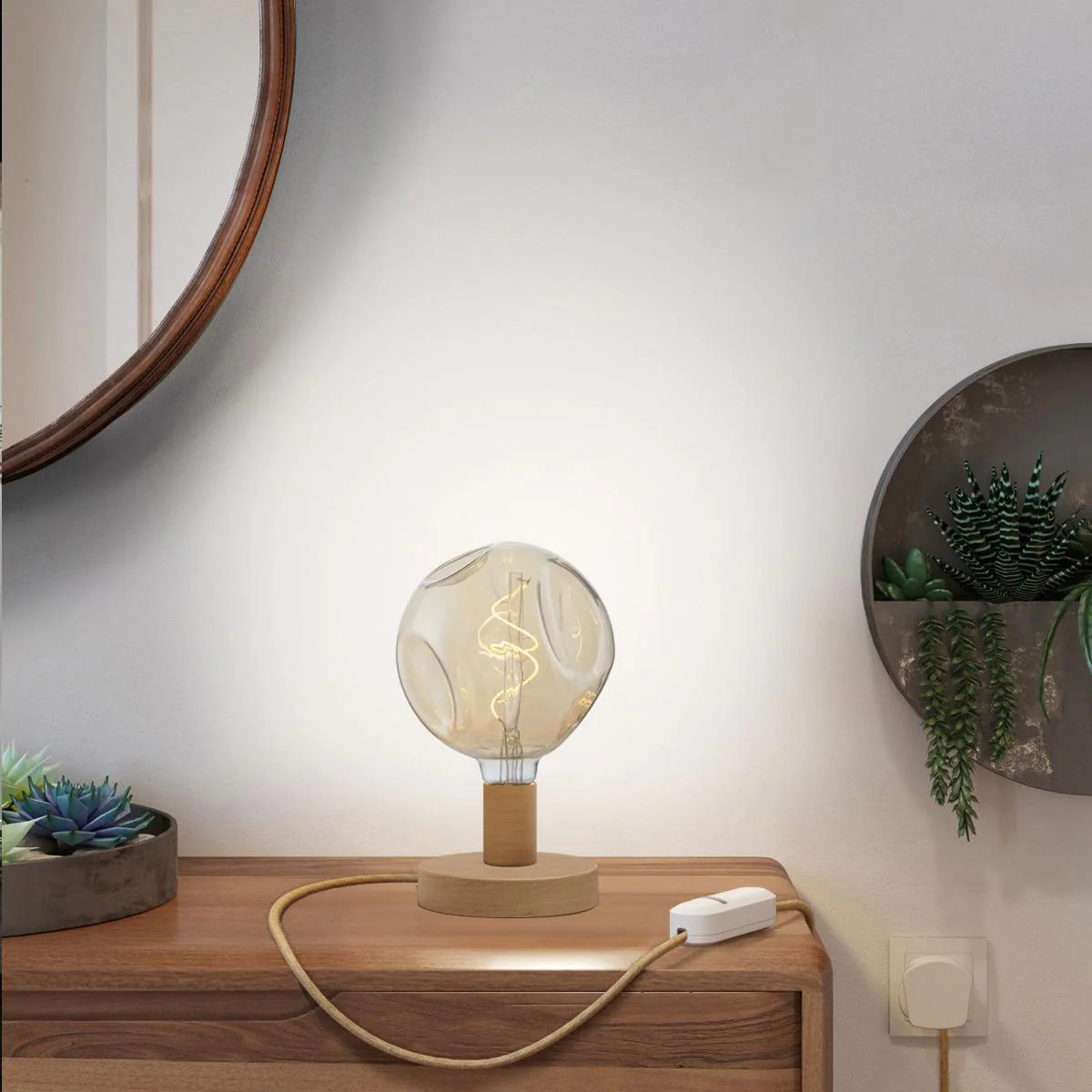 Posaluce Bumped wooden table lamp with UK plug - Neutral - Image 6