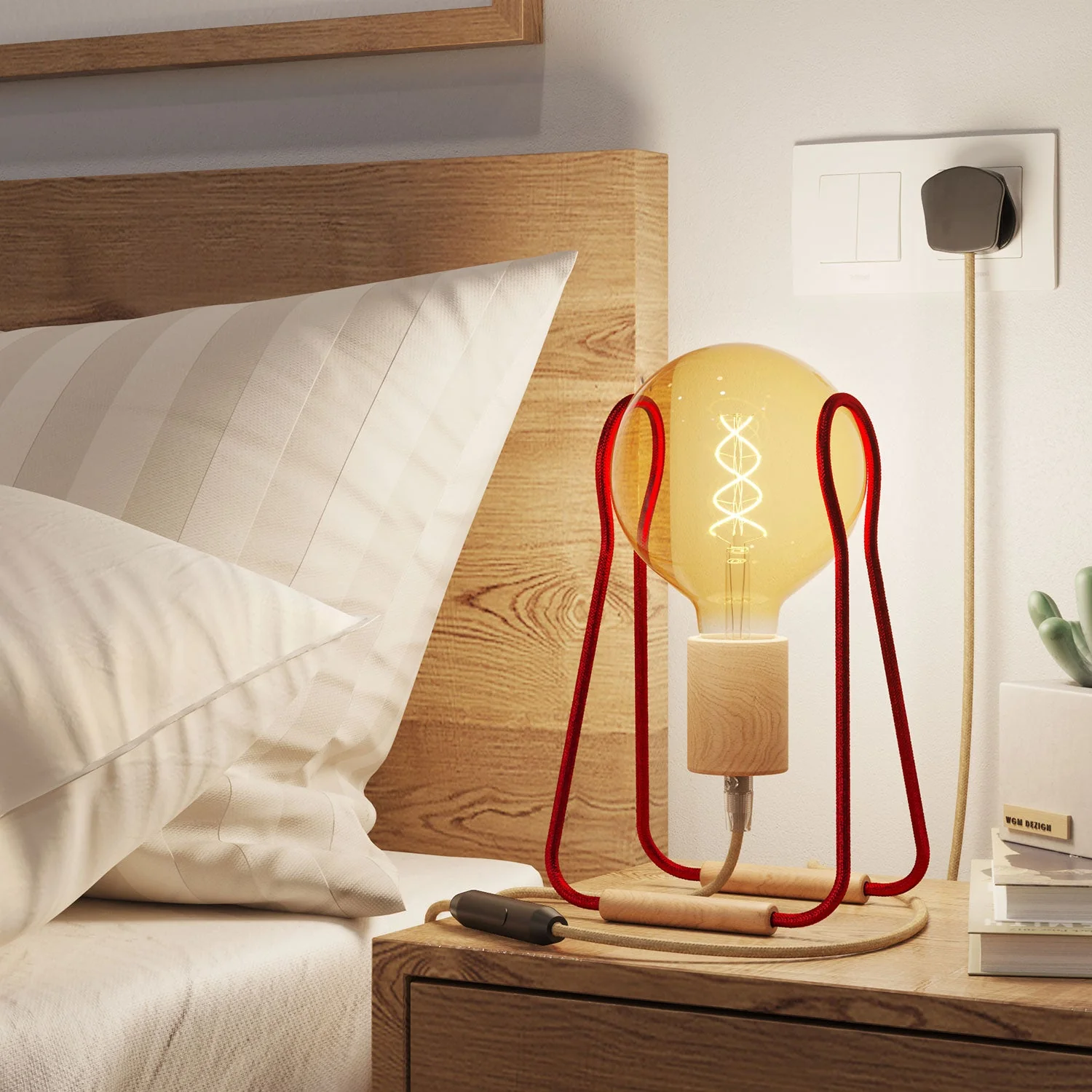 Taché Wood table lamp and UK Plug - Red - Image 2