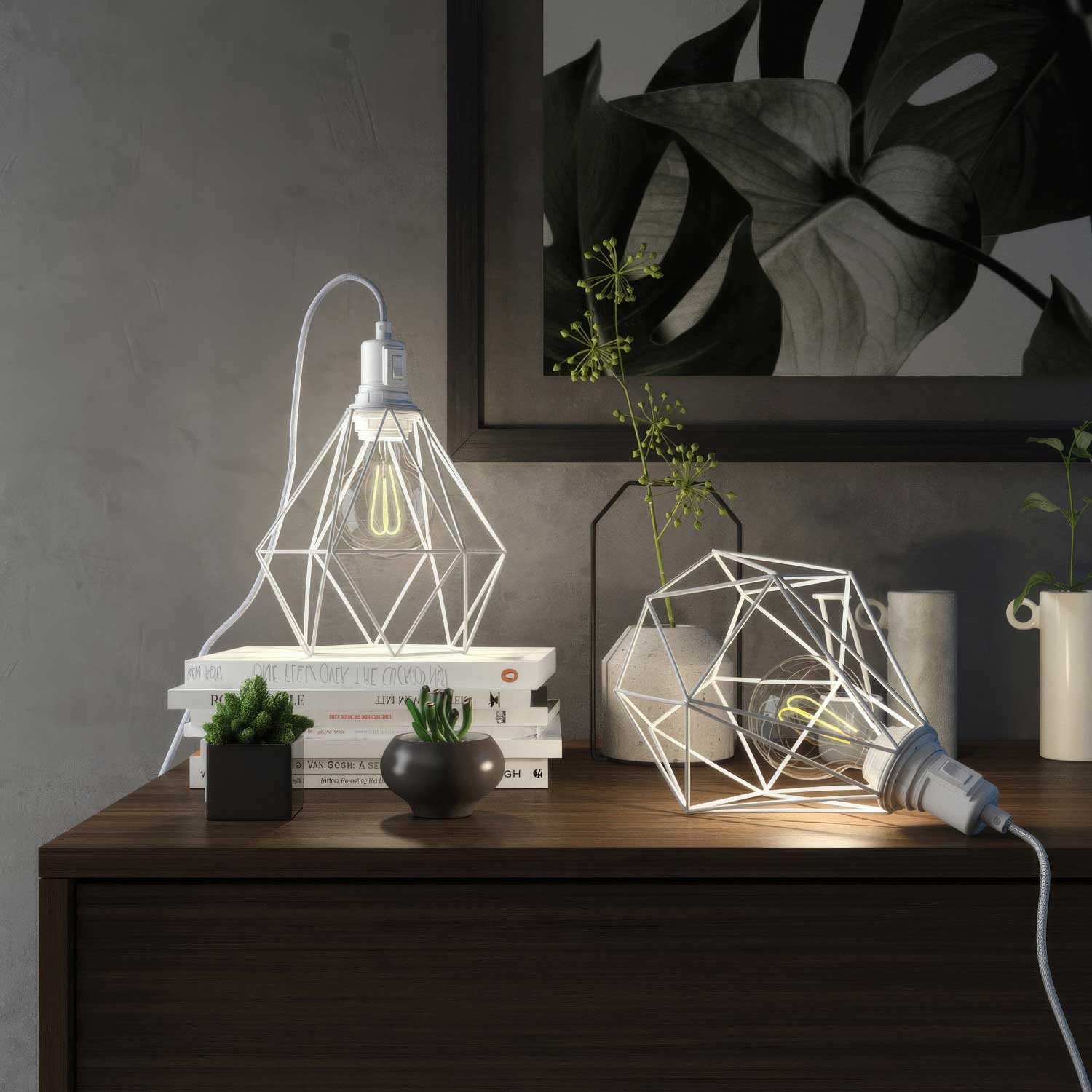 Table Snake - Plug-in lamp with UK plug and Diamond cage lampshade - White - Image 2